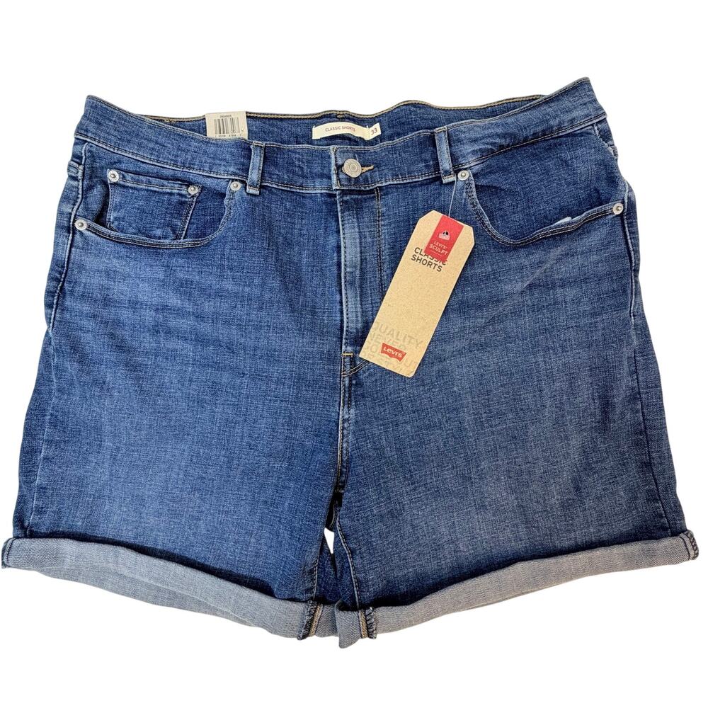 Levi’s Sculpt Classic Denim Shorts Women’s 16 W33 Mid Rise Rolled Stretch Blue